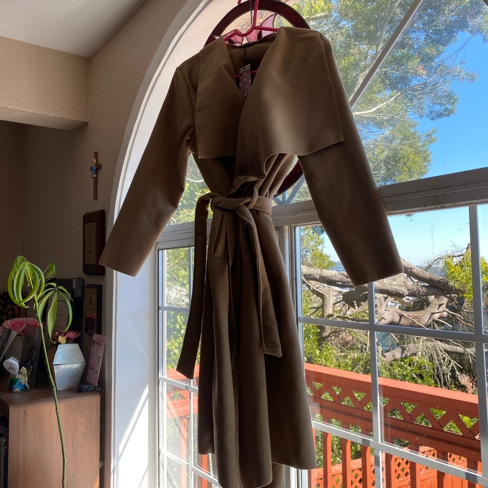 Beige belted waterfall coat Boohoo